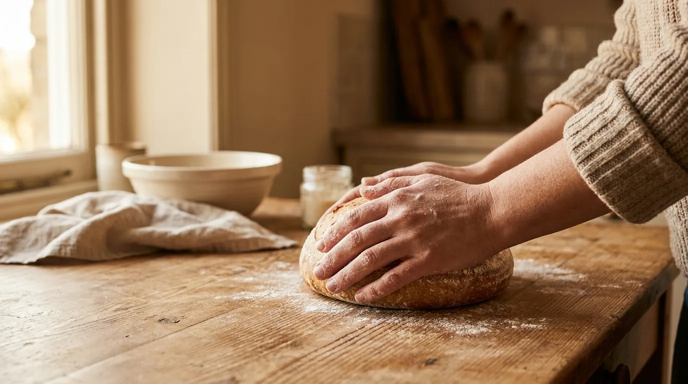 Flour-dusted hands kneading sourdough on a wooden table in soft morning light